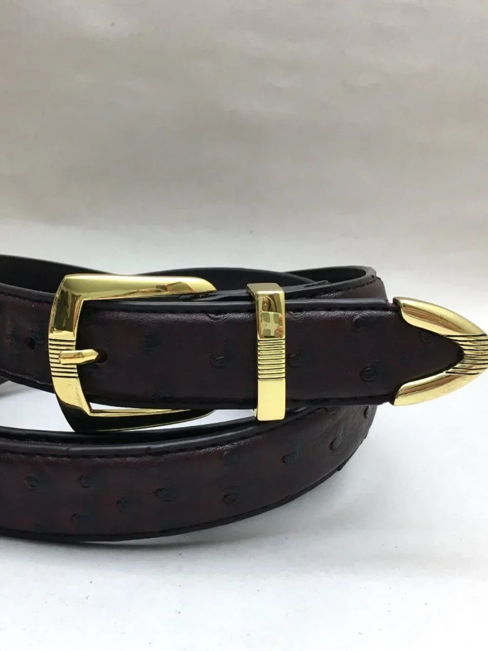 Men's Brown Leather Belt Faux Ostrich Pattern Gold Tone Buckle Size 4XL